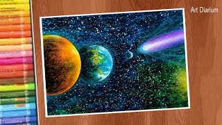 Comet Space Scenery Drawing  Neowise Comet  Art with Oil Pastel for Beginners  step by step [upl. by Ecilahc551]