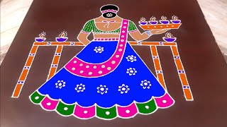 Woman Rangoli 10X4 Dots  Karthigai deepam special muggulu  Pongal kolam  Pulli kolam [upl. by Hoopen]