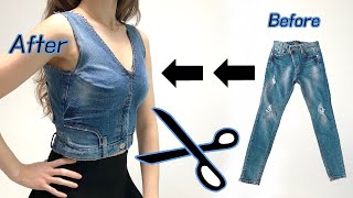 Refashion DIY Denim Bustier Top From Old Jeans  Corset Crop top  Recycle Old Jeans into Vest [upl. by Arraeit]