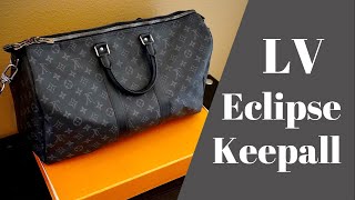 Louis Vuitton ECLIPSE Keepall Bandouliere Review  Unboxing  Try On 45 Monogram  Virgil Abloh [upl. by Arrio]