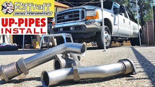 2001 F350 73  RiffRaff UpPipes Install  Stock up pipes leaking and falling apart JUNK SP [upl. by Ociredef]