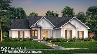 OneStory Modern Craftsman Ranch House Plan 51833HZ Virtual Tour w Interiors [upl. by Karlee]